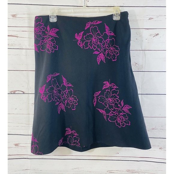 Tailor B Moss Skirt Womans Sz 10 Black Hot Pink Embroidered Flowers Lined - Picture 2 of 7